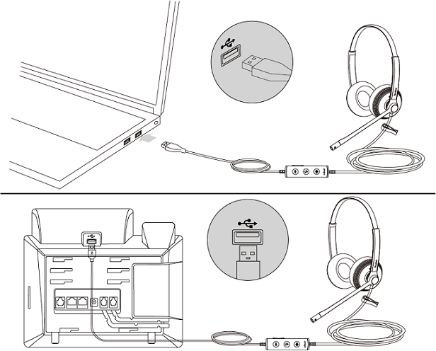 Headset UH34 ligado pela porta USB ao computador e a um telefone IP Yealink