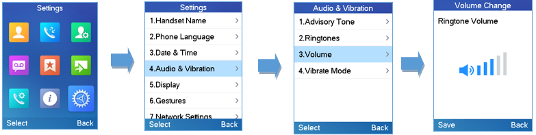 Ajuste do volume do toque de chamada no menu do aparelho