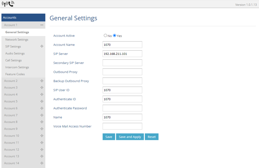 Configuração de conta SIP na interface web, incluindo número de correio de voz