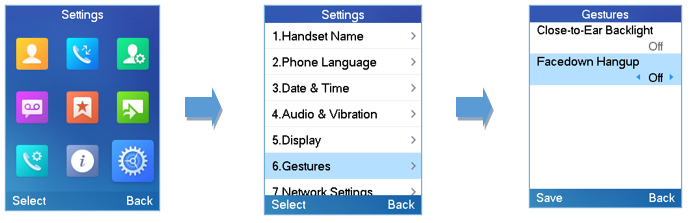 Menu de configuração dos recursos de gestos do DP730