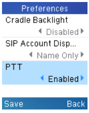 Menu para habilitar a função Push-to-Talk (PTT)
