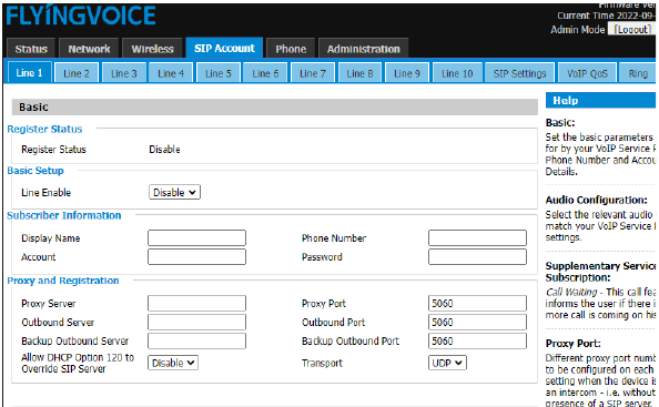 Configuração de conta SIP na interface web