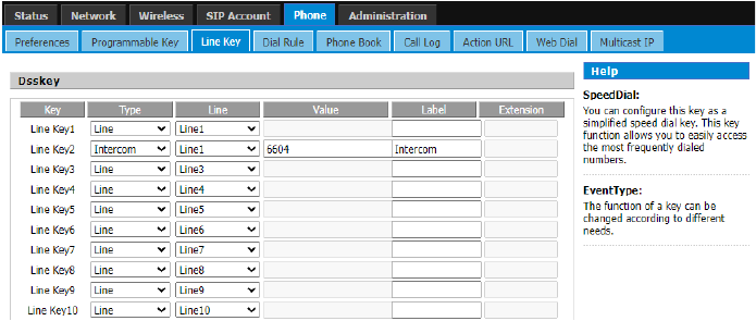 Configuração de tecla de linha para Intercom na interface web