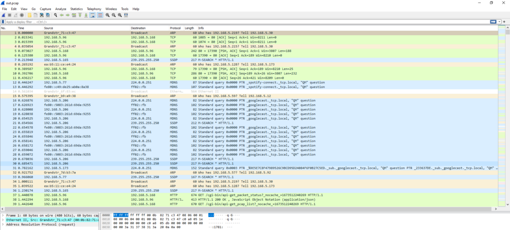 Exemplo de captura de pacotes remota via SSH exibida no software Wireshark