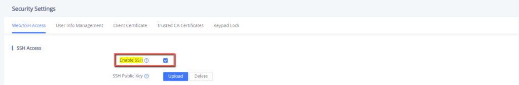 Tela de configuração de acesso SSH na interface web do GRP2602G