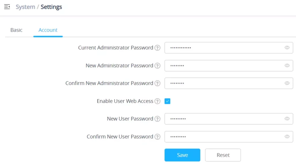 Página de Configurações de Conta do GWN76XX
