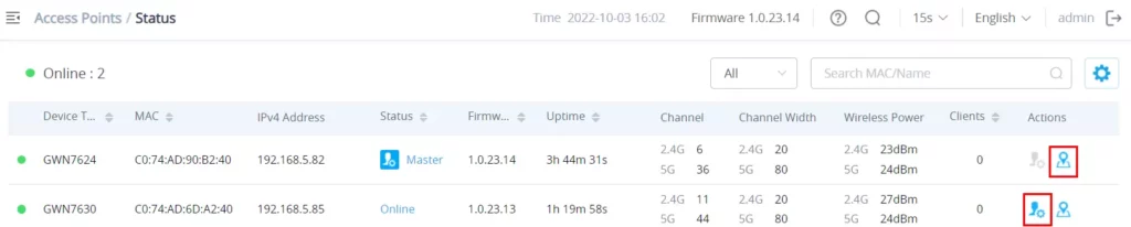 Página de Status dos Access Points