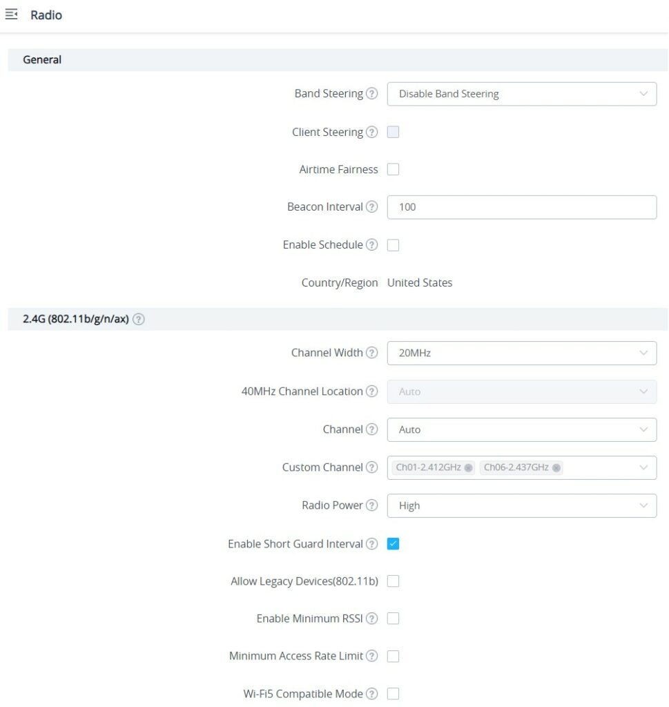 Configurações Gerais de Rádio na Interface Web
