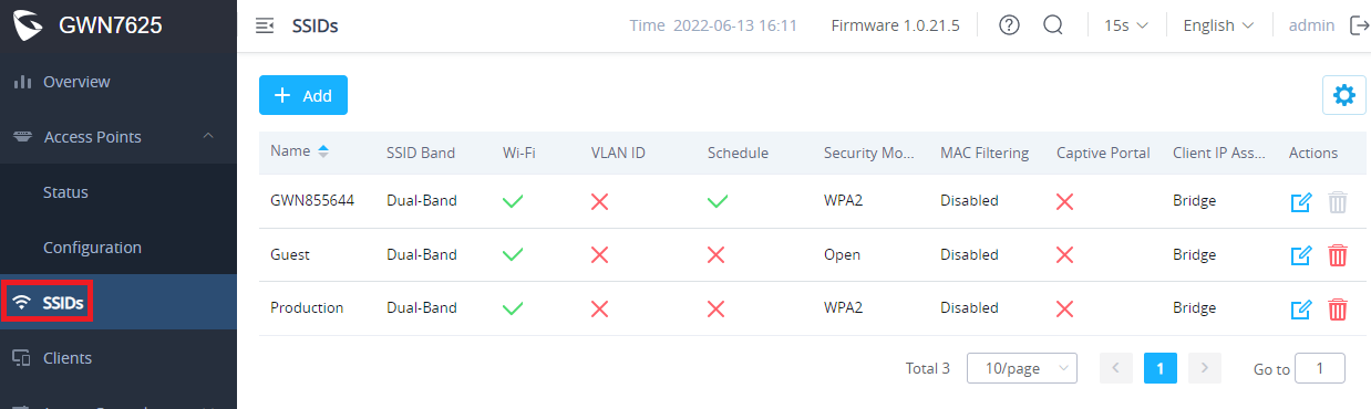 Lista de SSIDs na interface web