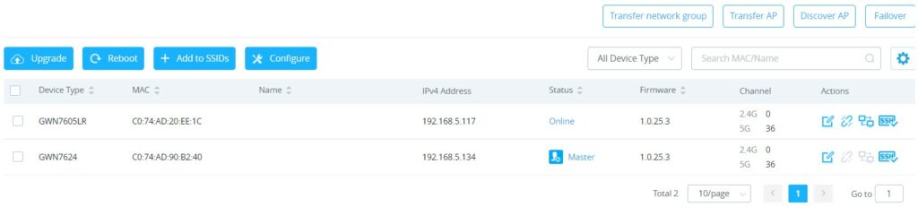 Página de Access Points mostrando a opção de upgrade