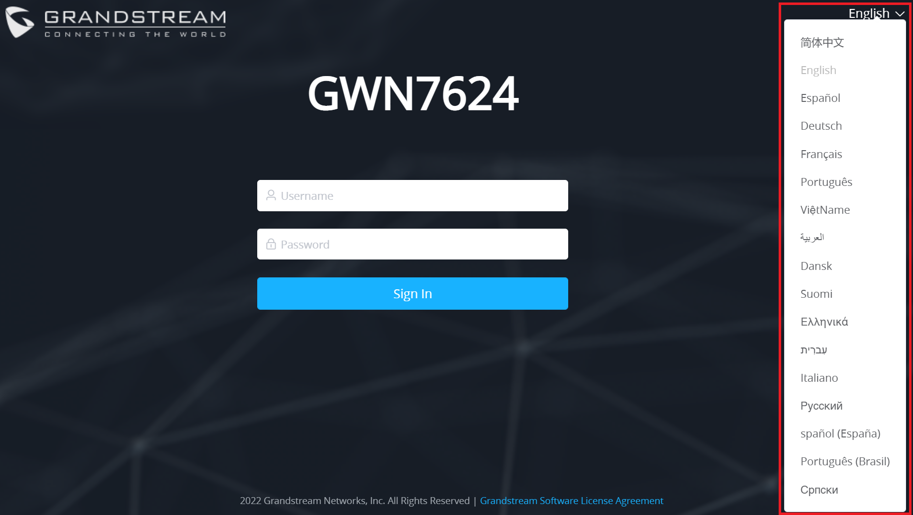 Seleção de idioma na página de login da GUI Web do GWN76XX