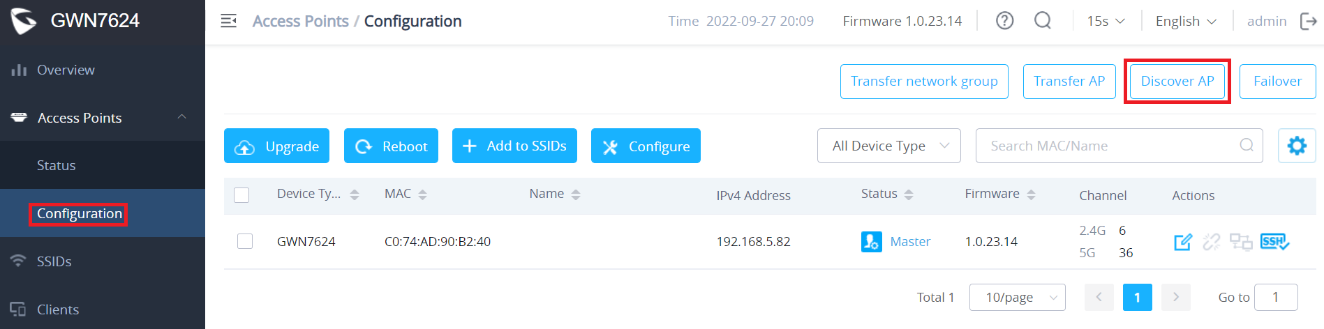 Página de Configuração de Access Points no Master
