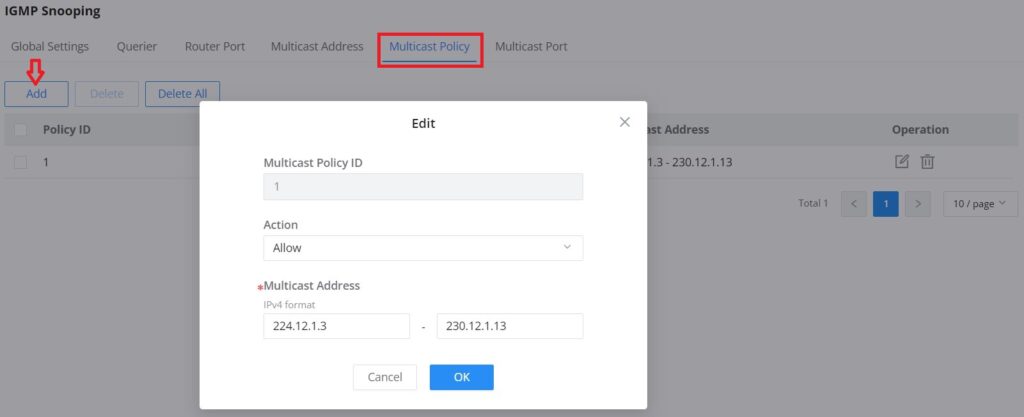 Política Multicast de IGMP Snooping