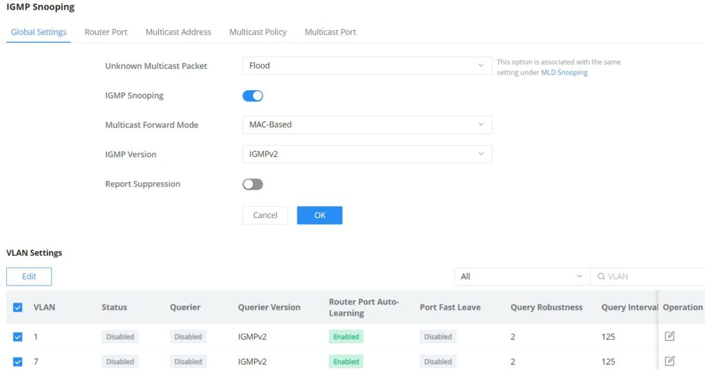 Configurações globais de IGMP Snooping