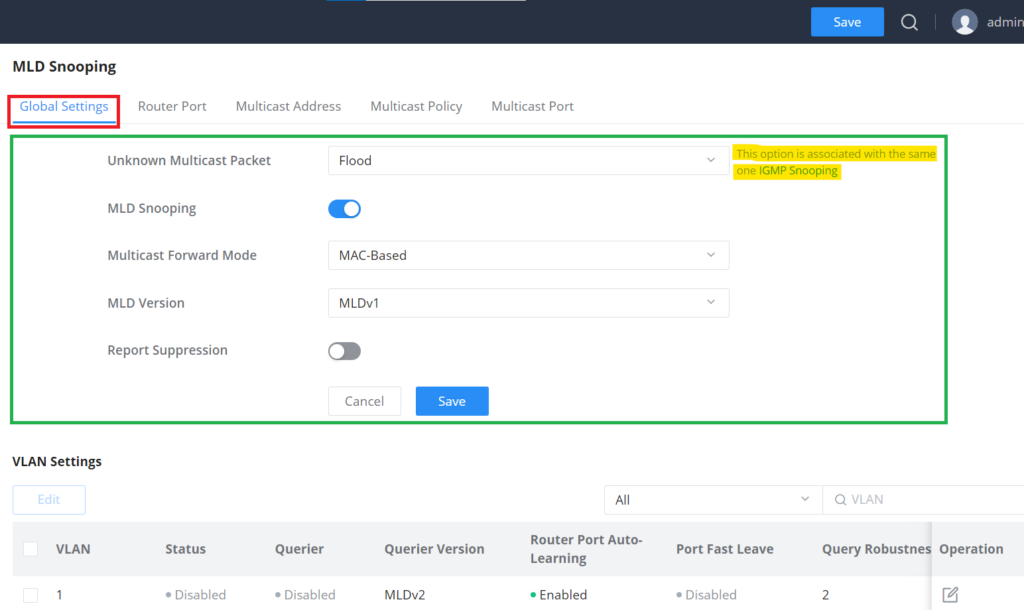 Configurações globais de MLD Snooping