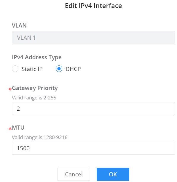 Adicionar Interface IP de VLAN (DHCP IPv4)