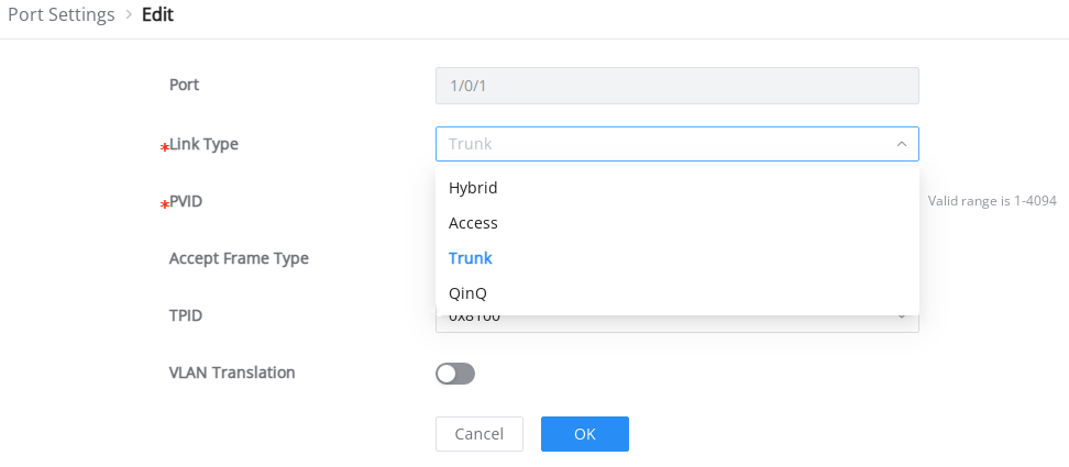 Configurações de porta VLAN (Tipos de Link)