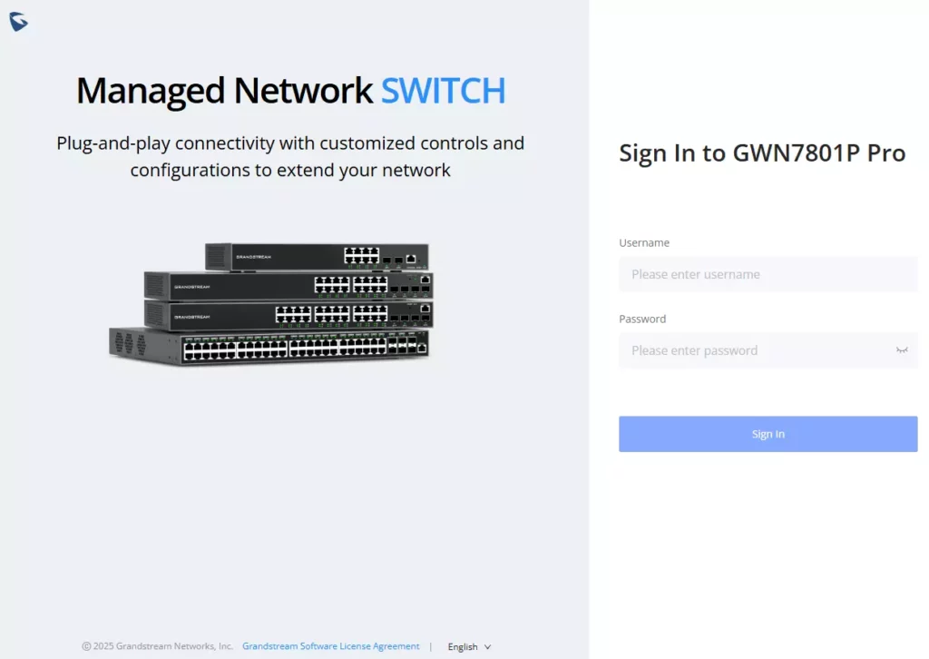 Página de login da interface web do GWN7801