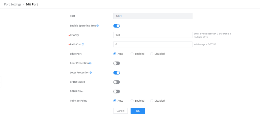 Edição das Configurações de Porta do Spanning Tree