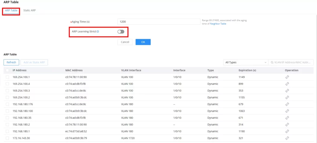 Tabela ARP e Configurações