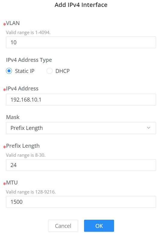 Adicionar Interface IP VLAN (Estático IPv4)
