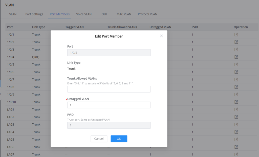 Configuração de membros da porta VLAN (Trunk)