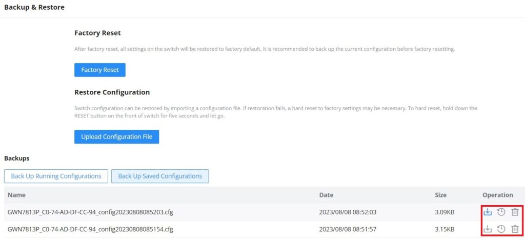Página de Backup e Restauração