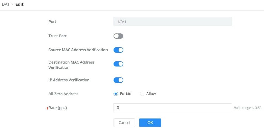 Edição das configurações de porta DAI