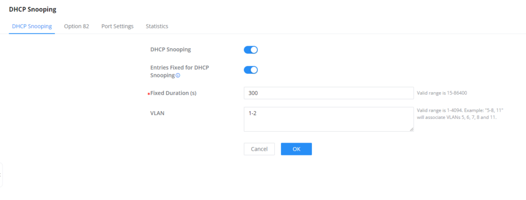 Página de configurações gerais do DHCP Snooping