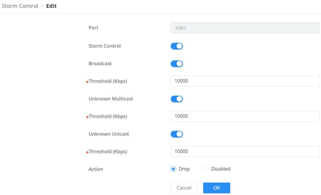 Edição das configurações de Controle de Tempestade por porta