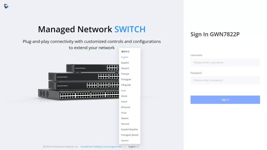 Opções de idioma na página de login da Web GUI