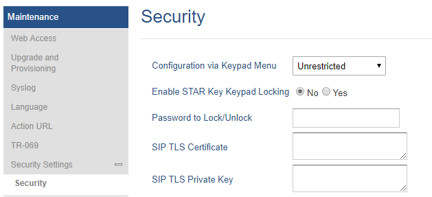 Configuração de bloqueio do menu do teclado na interface web
