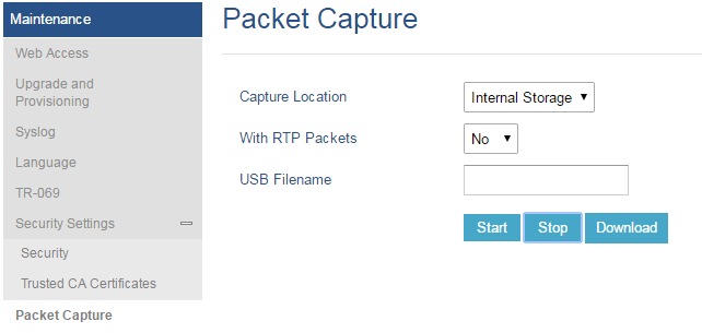 Interface da ferramenta de captura de pacotes na web UI