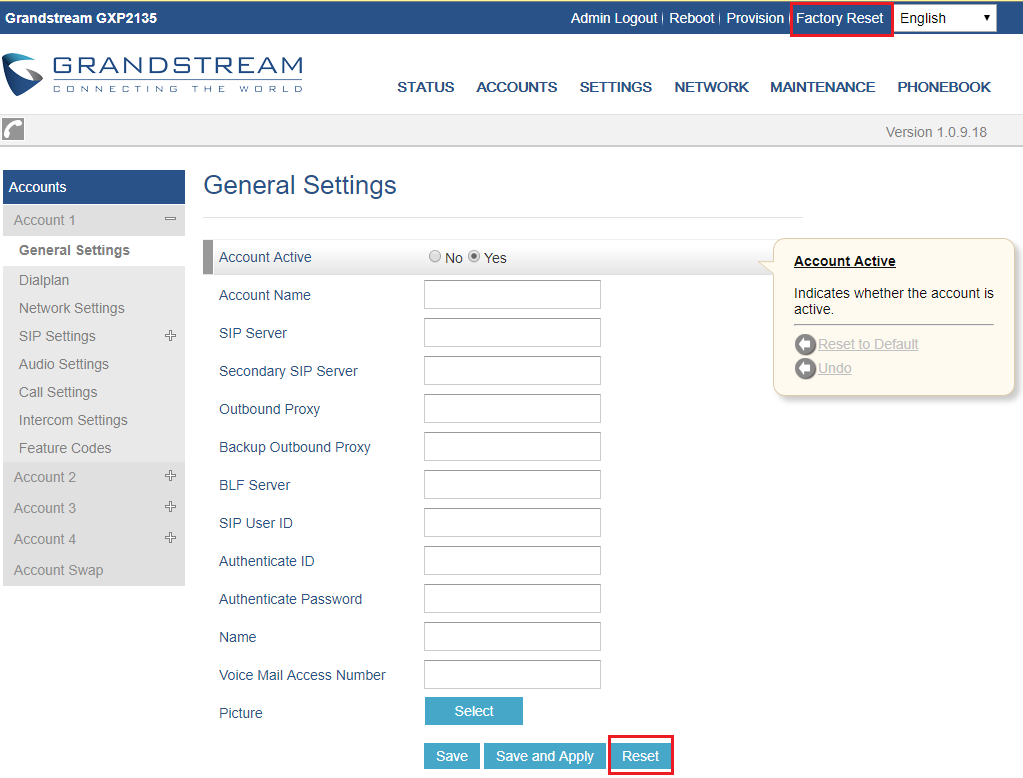 Opção de restauração de fábrica na interface web