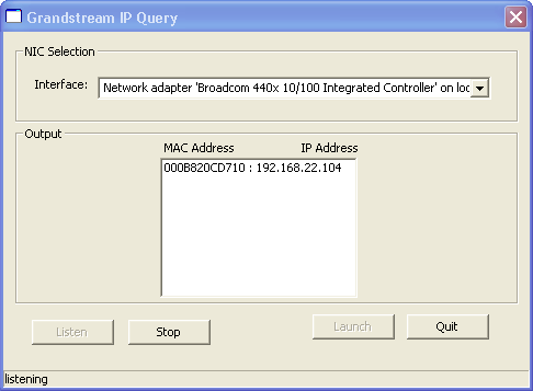 Interface da ferramenta Grandstream IP Discovery Tool para encontrar o IP do dispositivo