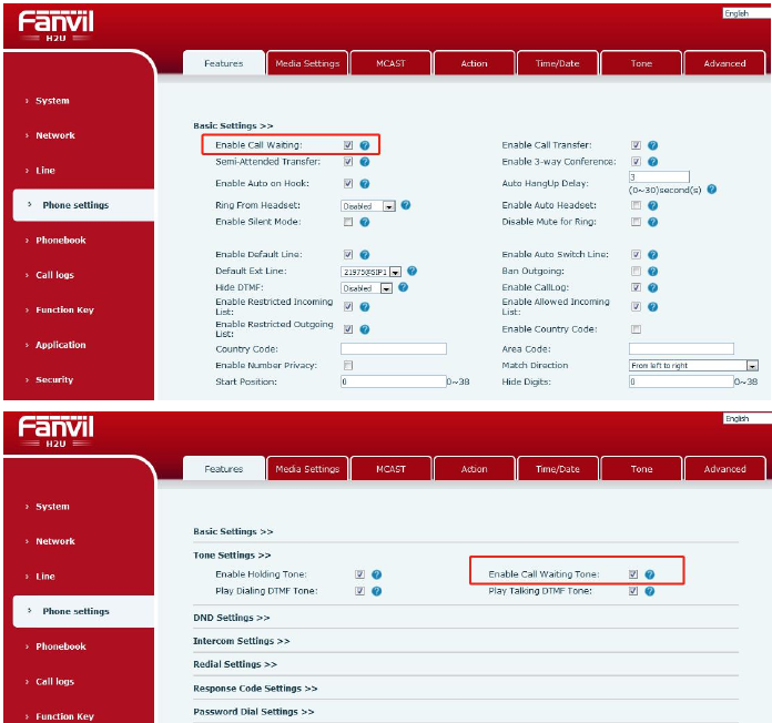 Configuração de tom de chamada em espera na interface web