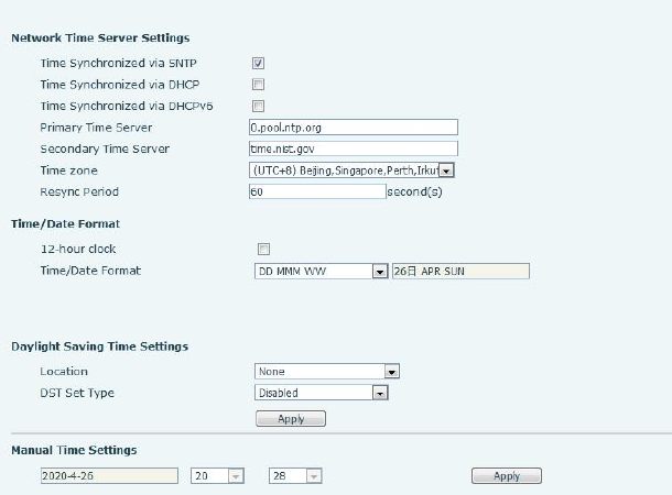 Configurações de hora e data na interface web