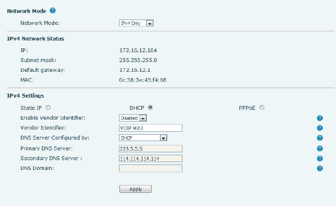 Configurações de modo de rede na interface web