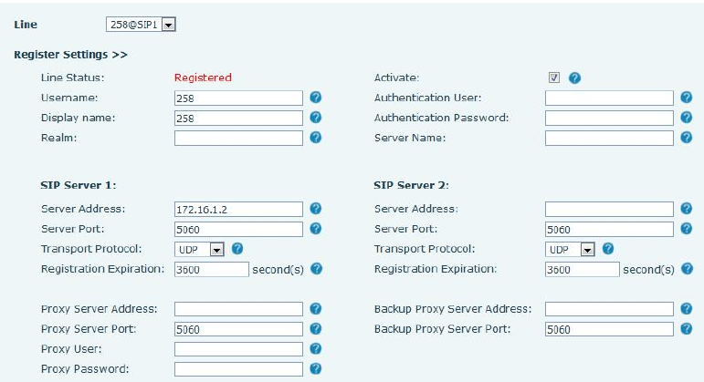 Configurações de registro SIP na interface web