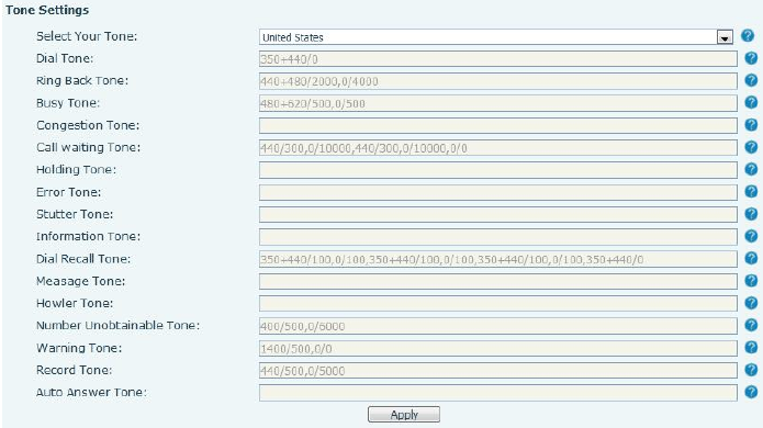 Configurações de tom e áudio na interface web