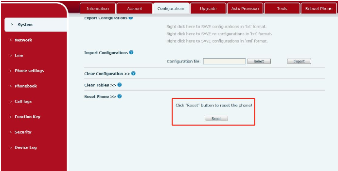 Interface de redefinição de fábrica no telefone