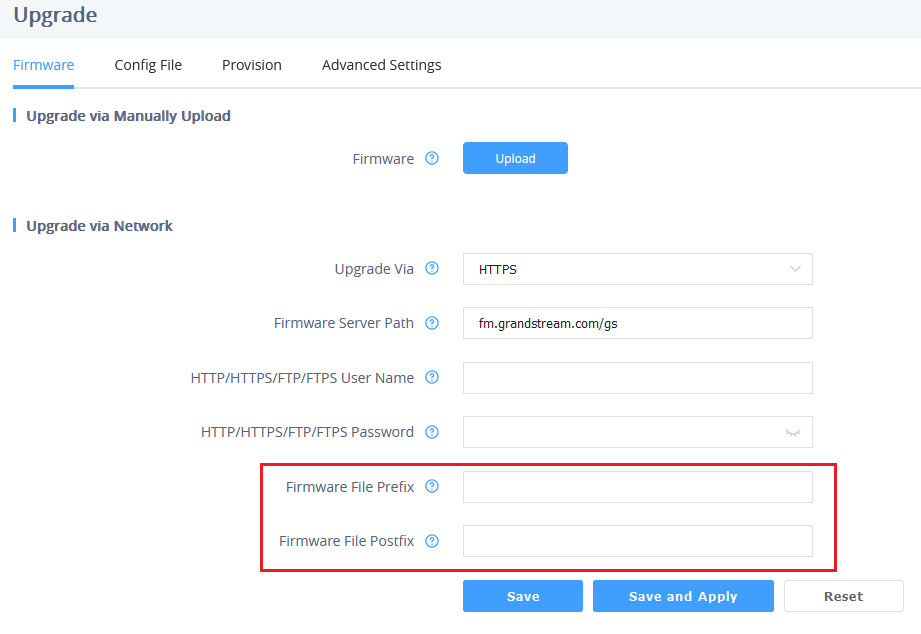 Configuração de prefixo e sufixo para arquivos de firmware