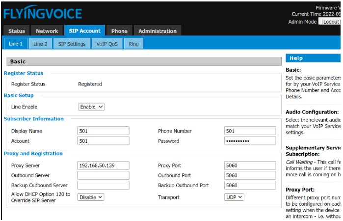 Configurações de registro SIP na interface web