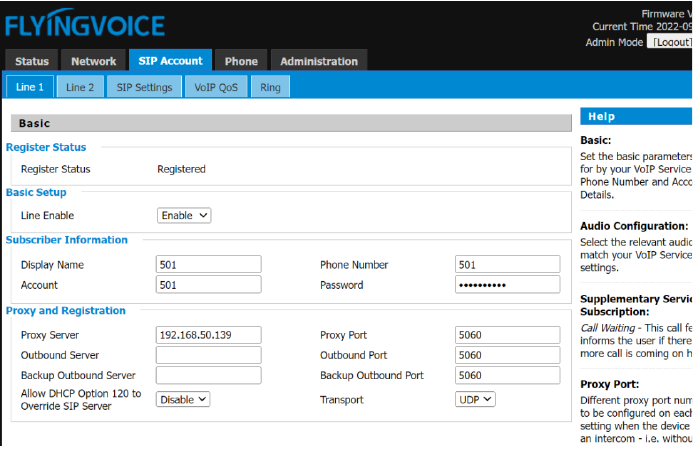Configurações de registro SIP na interface web do P10W