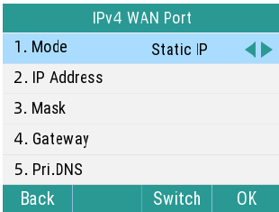 Configurações de IP estático na interface do telefone