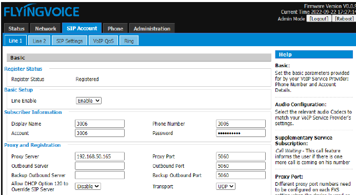 Configurações de registro SIP na interface web
