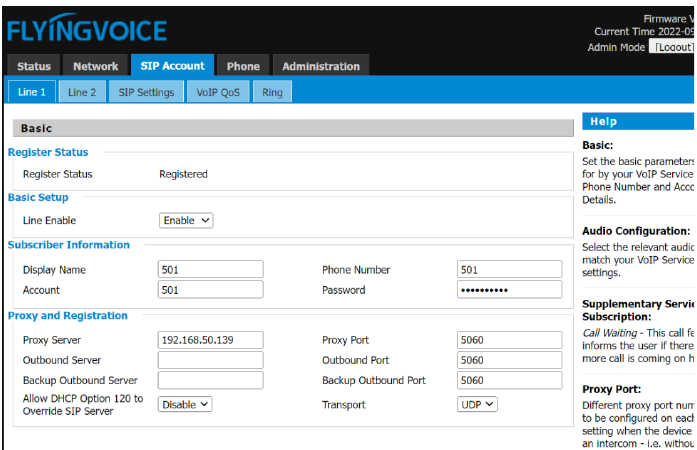 Configuração de conta SIP na interface web do P20P