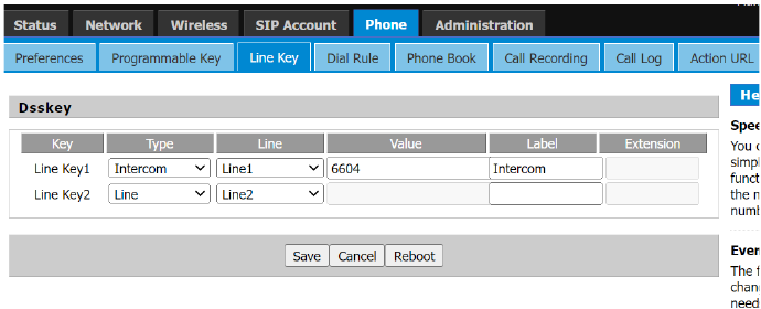 Configuração de tecla de Intercom na interface web