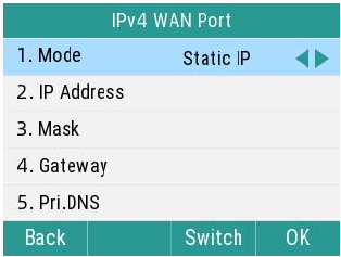Configurações de IP estático na interface do telefone