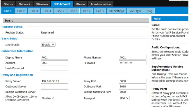 Configurações de registro SIP na interface web